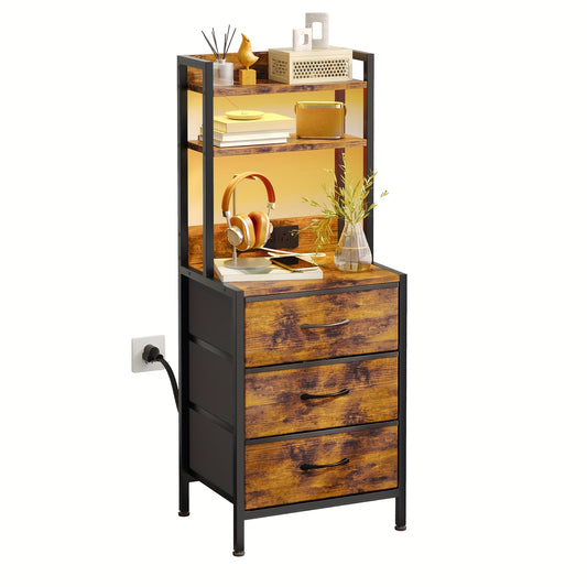 Tall Nightstand with 4-Tier Shelves And 3 Fabric Drawers